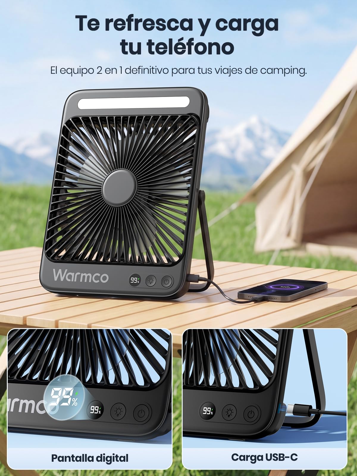 Warmco Ventilador Camping 20000mAh Recargable, 27cm de Alto Ultra-Delgado con Luz LED, 48H Duración, Ventilador Mesa Portátil para Tienda, Viaje, Exterior, Dormitorio