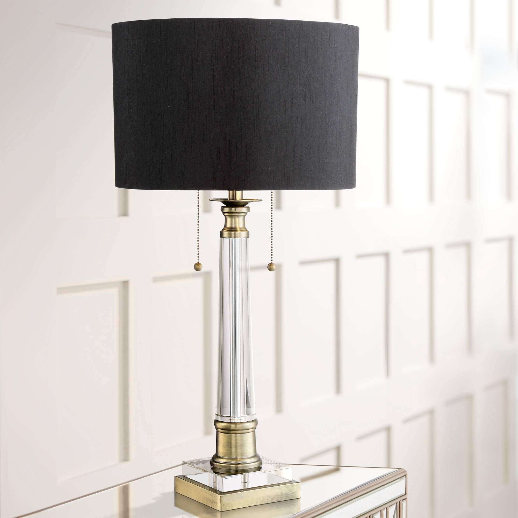 Stephan Traditional Luxury Table Lamp 30" Tall Crystal Column Antique Brass Gold Black Drum Shade Decor for Living Room Bedroom House Bedside Nightstand Home Office Entryway