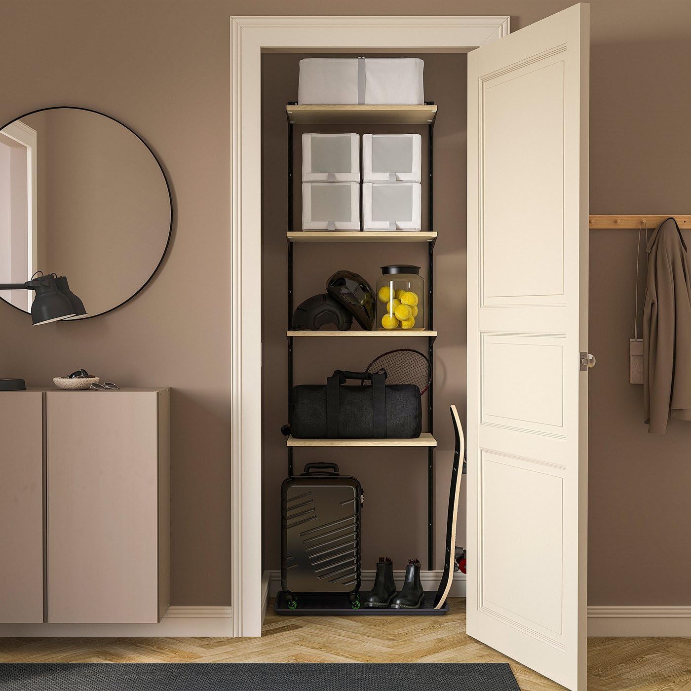 Wall Mounted Shelving Unit with Adjustable Shelves, White Open Storage Organizer for Closet Laundry Room Bedroom, 24 5/8 x 15 3/4 x 79 Inches (Oak)