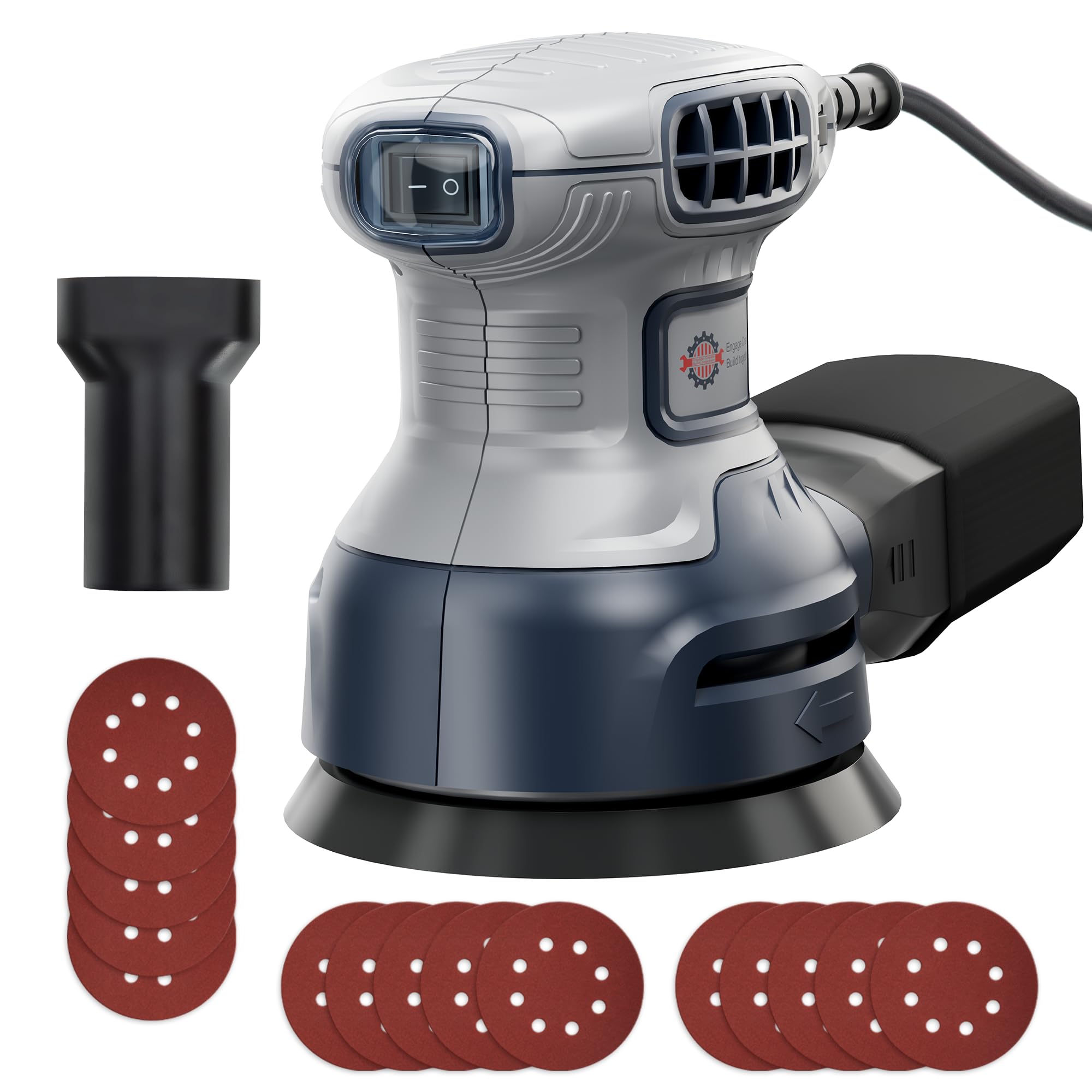 HeroJet Exzenterschleifer 350 W mit Bremse, 125mm Schleifmaschine für Holz mit Staubabsaugung, 15 Schleifpapier, 6 Geschwindigkeiten 13000 U/min, Schleifmaschine für Holzbearbeitung, Schleifen