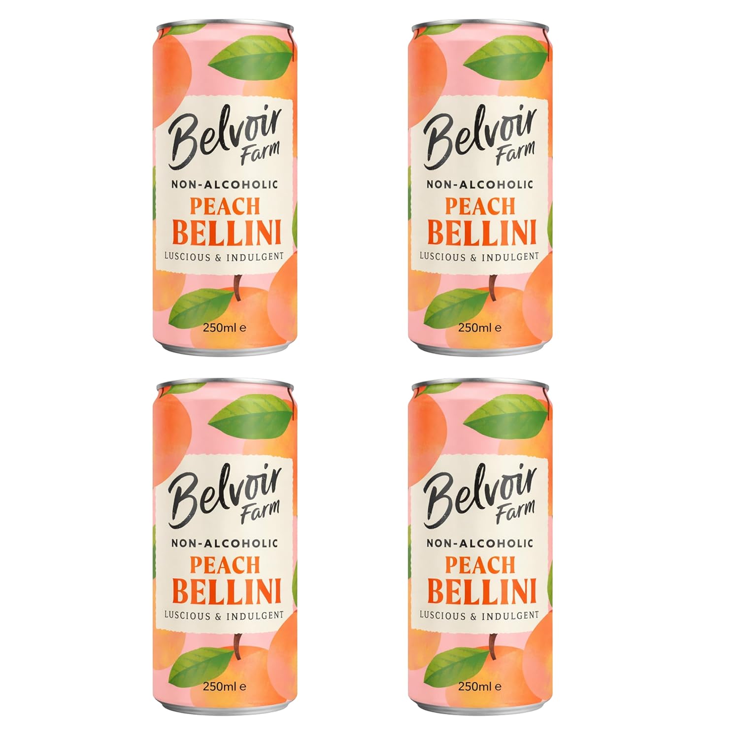 Belvoir Farm Non Alcoholic Peach Bellini 4-Pack of 8.4oz Cans – Refreshing Natural Beverage with a Hint of Fizz, Artisanal Craftsmanship, Zero Sugar, Organic Ingredients, Perfect and Ready to Enjoy.