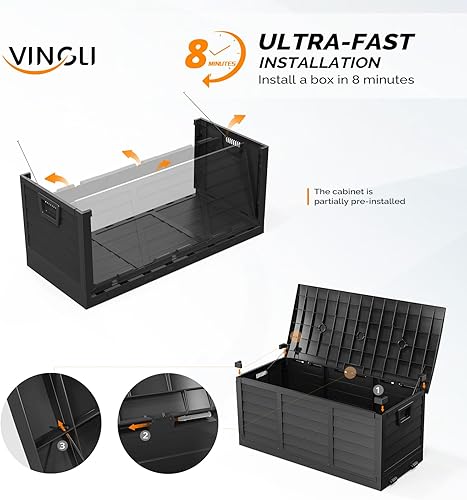 Miniatura 10 de VINGLI Caja de almacenamiento al aire libre mejorada de 75 galones, contenedores de almacenamiento de plástico con cerradura con tapa, muebles de