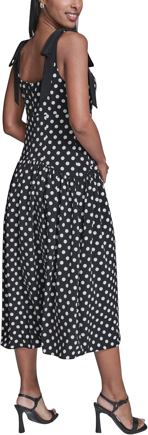 Karl Lagerfeld Women's Square Neck Bow Tie Shoulder Straps A-Line Midi Dress
