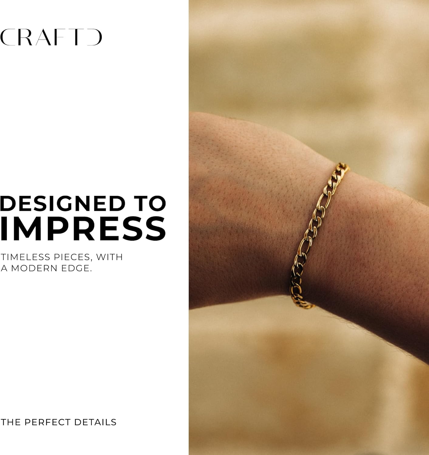 CRAFTD - Figaro Link Bracelet - Waterproof, Heat & Sweat Resistant - Gifts for Men - Men's Jewelry - Size 5MM