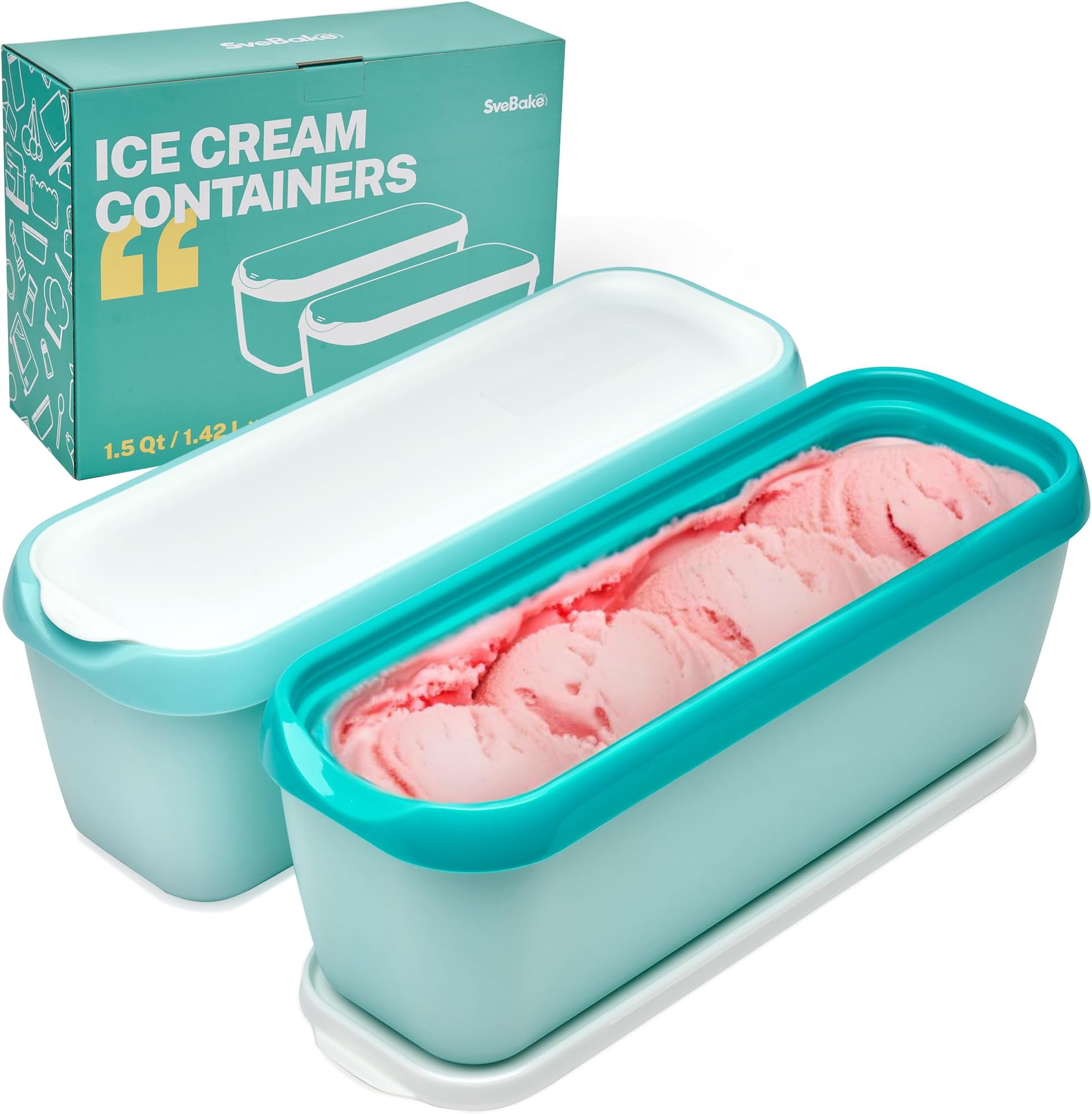 Ice Cream Storage Containers with Lids 2 PACK - 1.5 Quarts Homemade Ice Cream Tubs, Freezer Containers, Turquoise & Green
