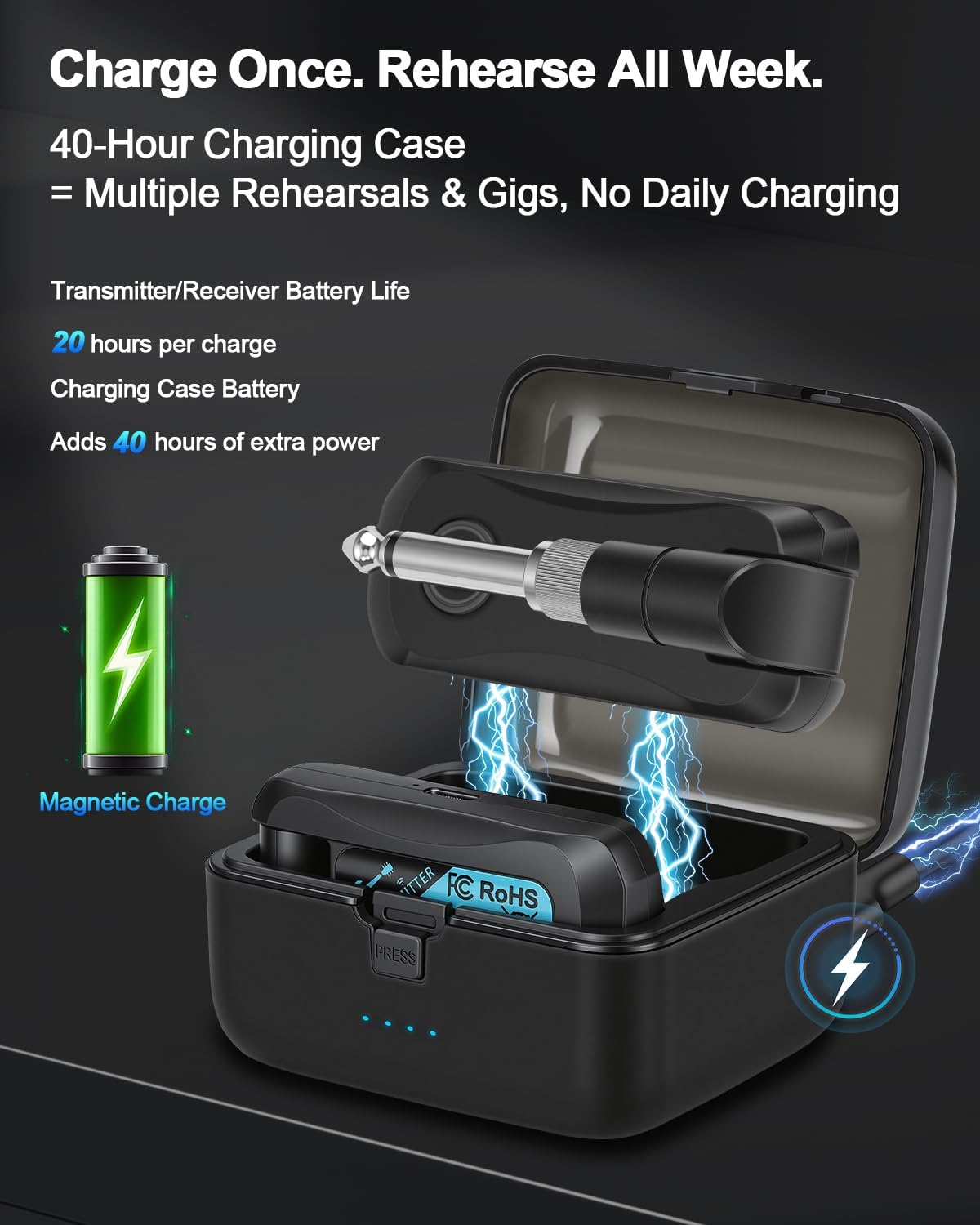 Wireless Guitar System with Charging Case, 2.4GHz Low Latency Digital Signal Transmitter Receiver Set for Electric Guitar & Bass, Plug and Play, Up to 130ft Range, Rotatable Jack, WS-MINI2