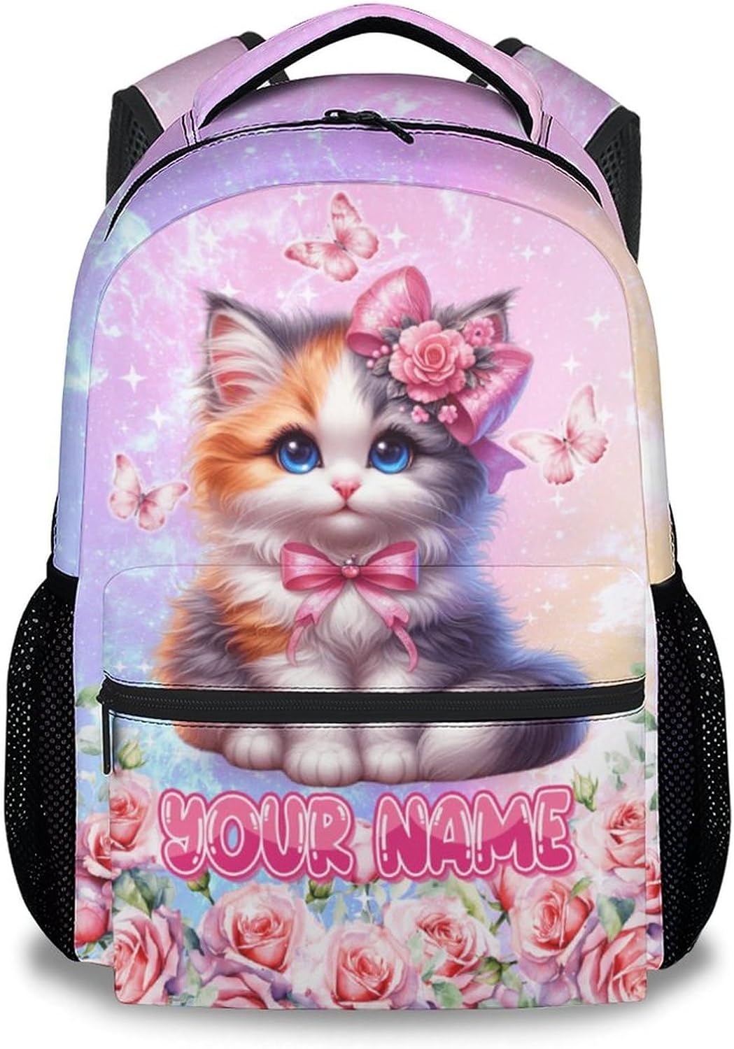 Custom Backpack for Girls, 17 Inch Cute Kids School Backpacks for Cat Lovers, Personalized Large Capacity Animals Bookbag for Kindergarten, Primary