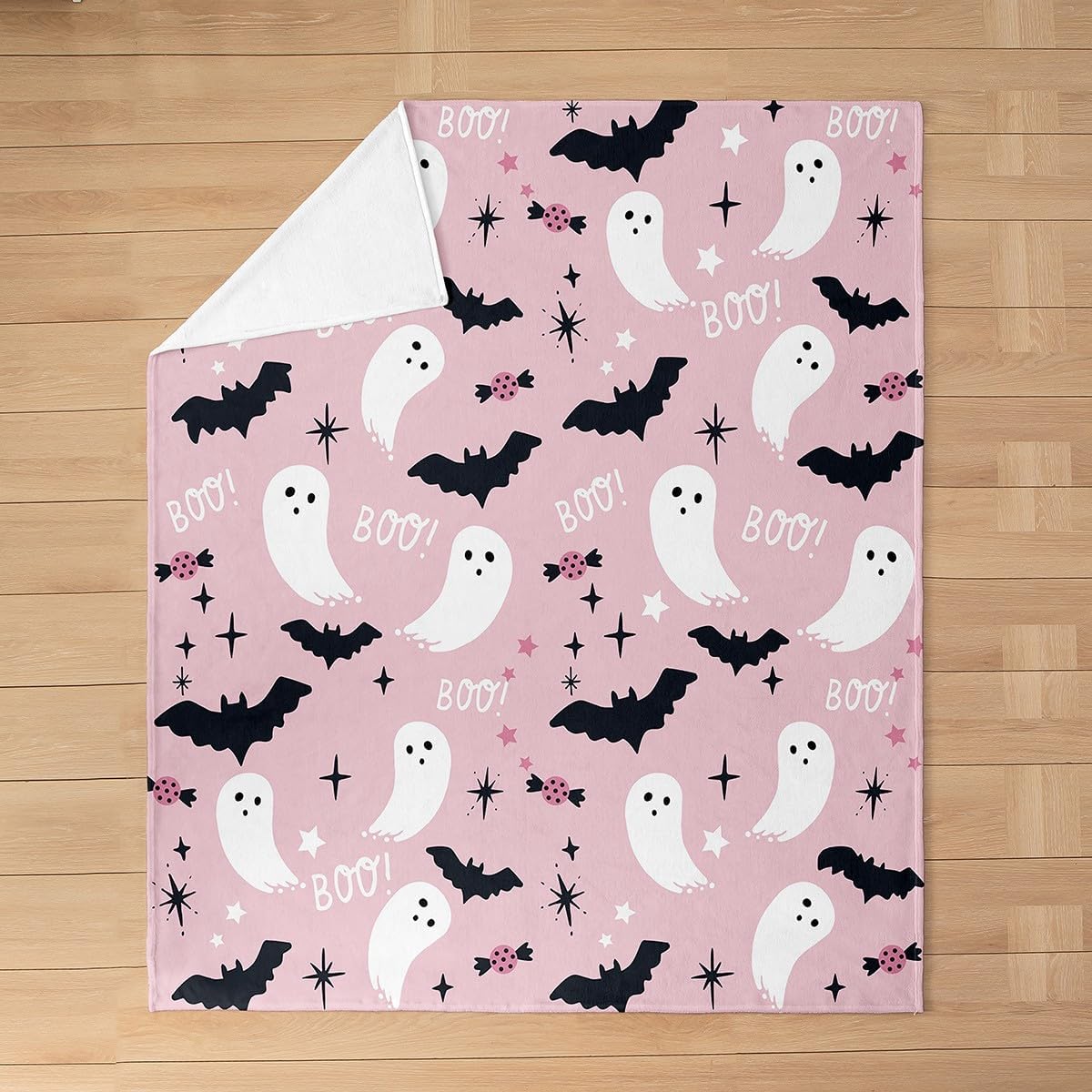 Skull Ghost Printed Plush Throw Blanket, Queen 90"x90" Kids Happy Halloween Theme Flannel Fleece Blanket for Boys Teens Bat Horror Pink All Season,Bed Blanket Breathable Candy Kawaii Decor Room Decor