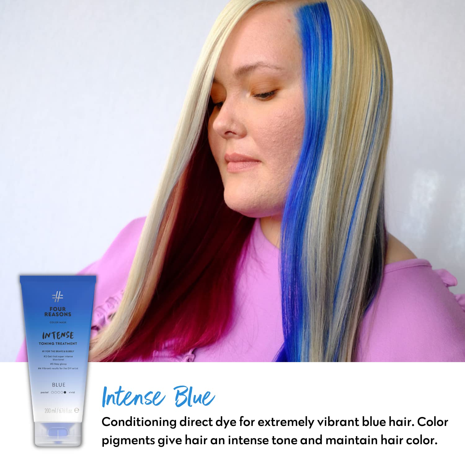 Four Reasons Color Mask INTENSE- Blue – (27 Colors) Intensive Toning Treatment - Color Depositing Conditioner – Semi Permanent Hair Dye for Lightened and Colored Hair– 100% Vegan, 6.76 fl oz - Image 2