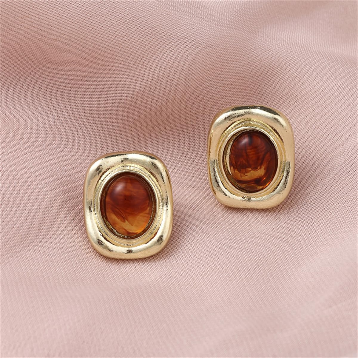 Chunky Geometric Tiger Eye Stud Earrings for Women Gold-Toned Square Oval Retro Stone Studs Earring Vintage Cartilage Tragus Piercing Wedding Party Jewelry - Image 4