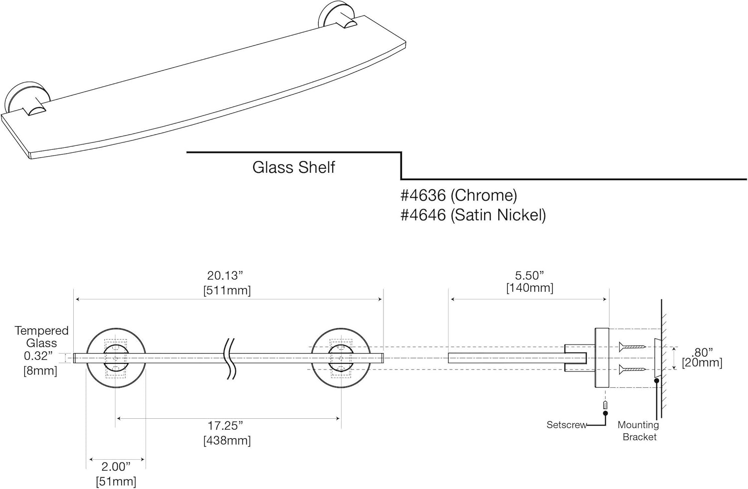 Gatco 4636 Glam Glass Shelf, 20 Inch, Chrome - - 
