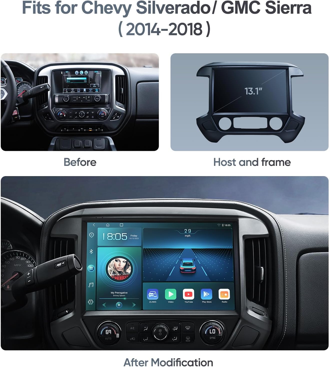 13.1 inch Car Stereo Radio for Chevy Silverado/GMC Sierra 2014-2018,Android 12 Touch Screen with Wireless CarPlay, Android Auto,GPS Navigation/WiFi/1080P Backup Camera/BT/FM/SWC (13.1" 4G+64G)