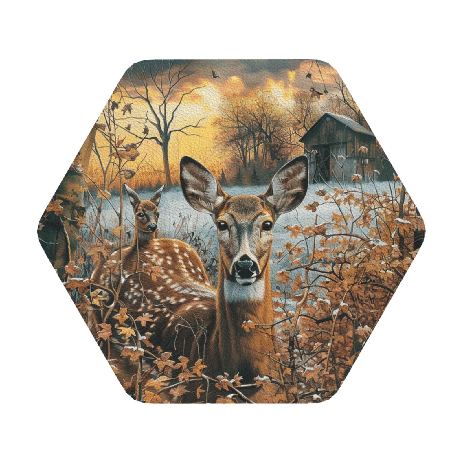 Camouflage Deer Print Leather Coaster Set of 6, Hexagon Coasters Table Decorative Coffee Cup Beverage Coasters Wine Beer Bar Coasters for Hot Drinks Table Protection