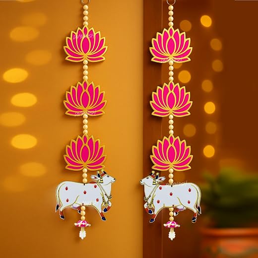 Divyakosh Engineered Wood Handmade Lotus with Cow &amp; Jhumki Ganpati Diwali Home Decoration MDF Floral Wall Hangings Temple...