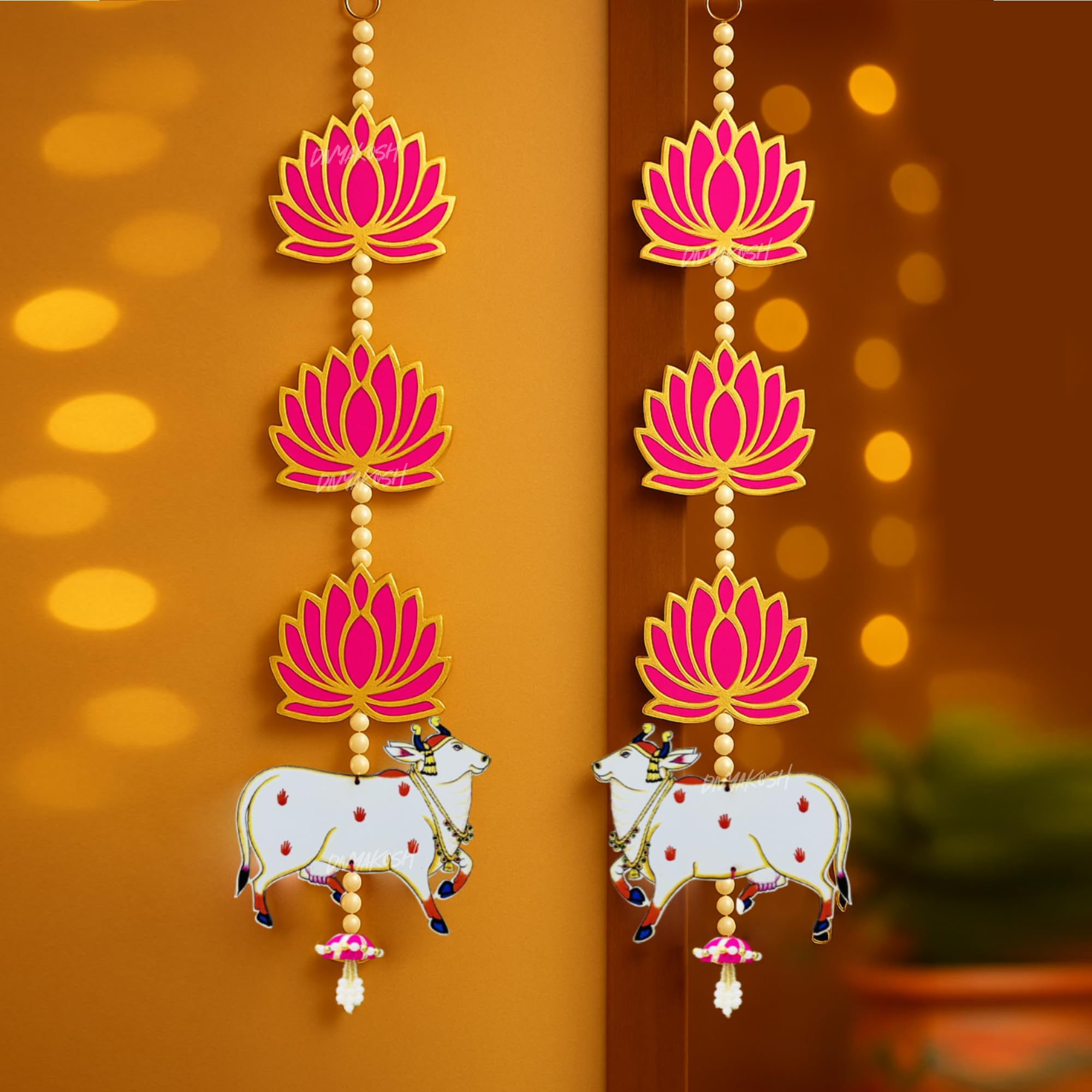 Divyakosh Handmade Lotus With Cow & Jhumki Ganpati Diwali Wall Decoration MDF Floral Wall Hangings Temple | 1 Pair | 25 Inch Each | Makar Sankranti