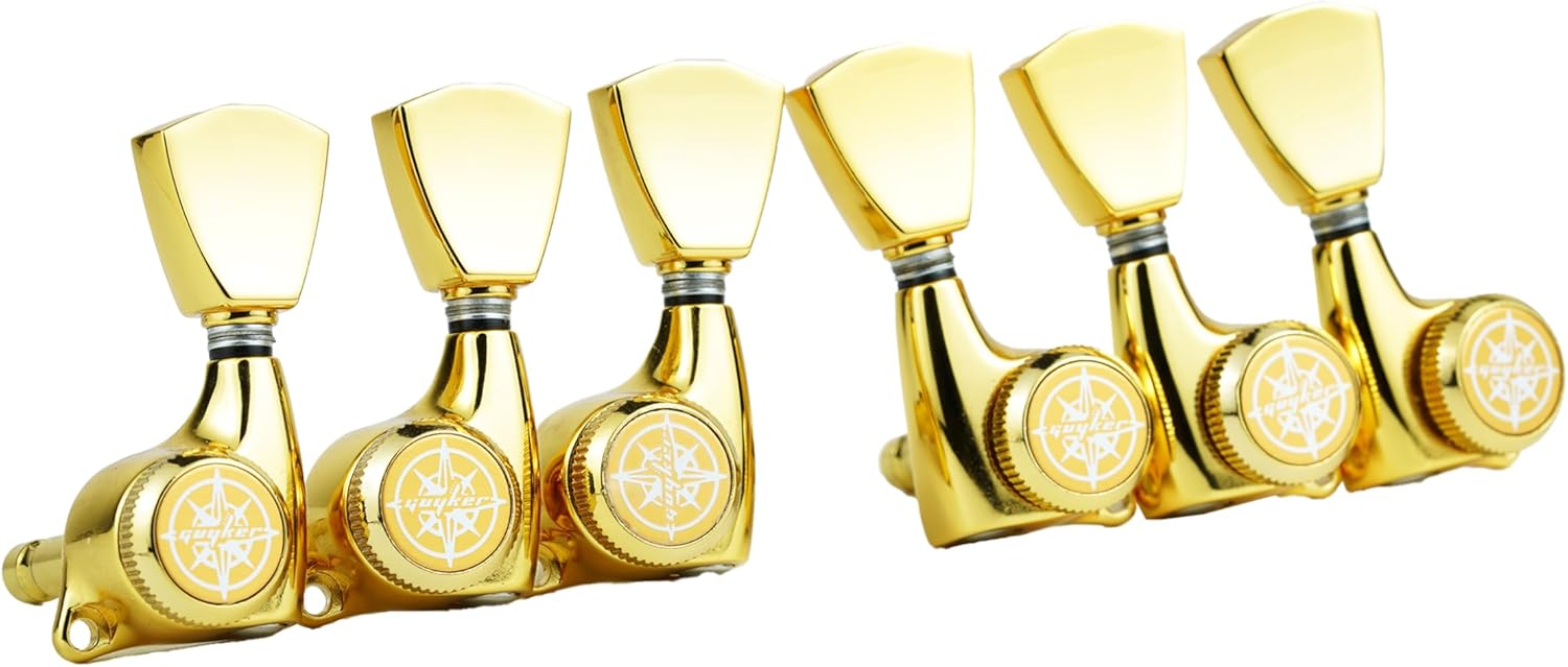 Guyker Guitar Locking Tuners (3L + 3R Handed) – 1:21 Lock String Sealed Tuning Key Pegs Machine Heads with Keystone Knob Replacement for LP, SG, TL Style Electric or Acoustic Guitars – Gold