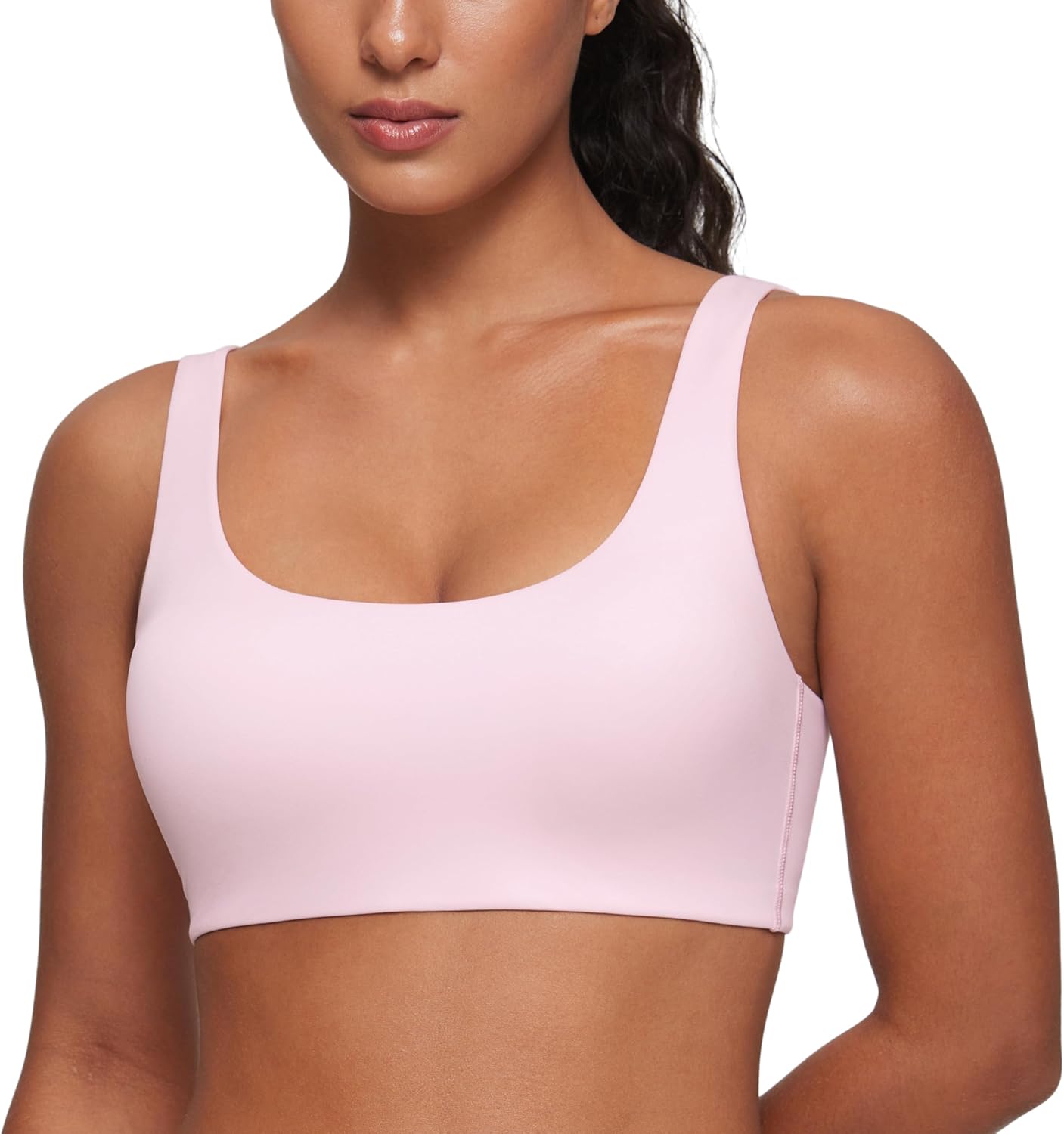 CRZ YOGA Softhold Double Lined U Back Bralette - Womens Scoop Neck Lounge T-Shirt Everyday Bras Smooth Wireless Cami