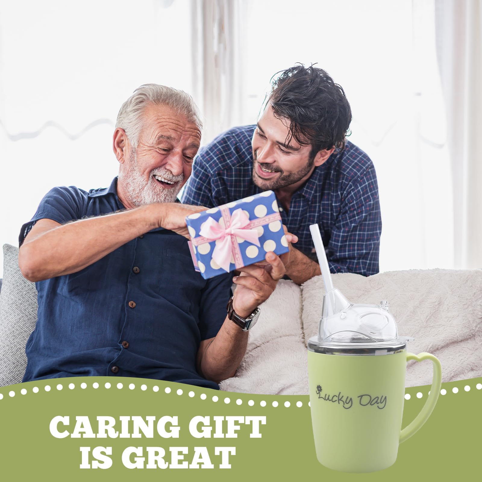 BAIFULAI Taza con pico para personas mayores, 350 ml, vaso 3 en 1 con paja de 30 cm, a prueba de fugas, con mango, para personas mayores y embarazadas