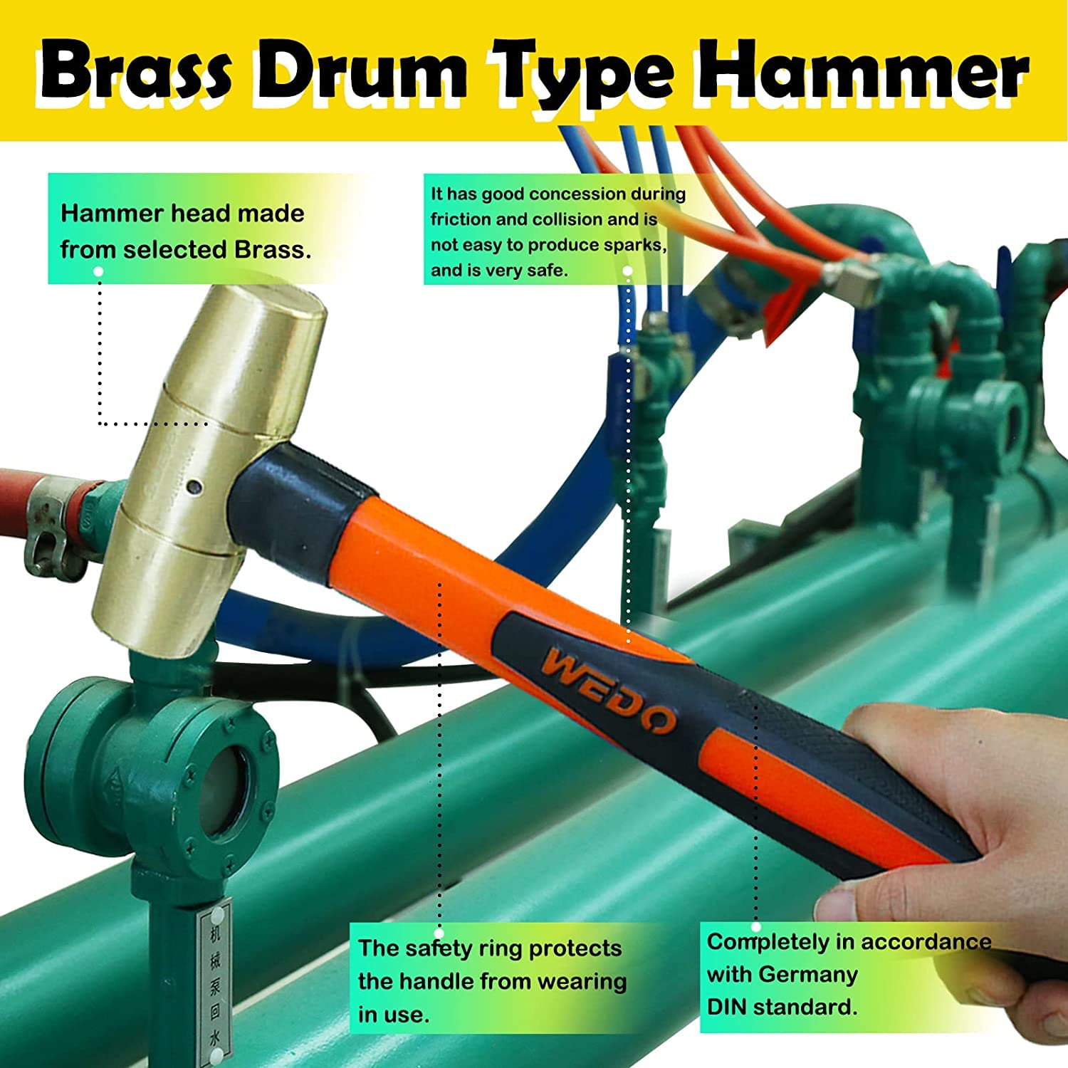 WEDO Schweißhammer 300g – Messingkopf, Fiberglas-Griff, Länge 280 Mm, Schlackenhammer Mit PP/TPR-Ummantelung, Für Schweißarbeiten