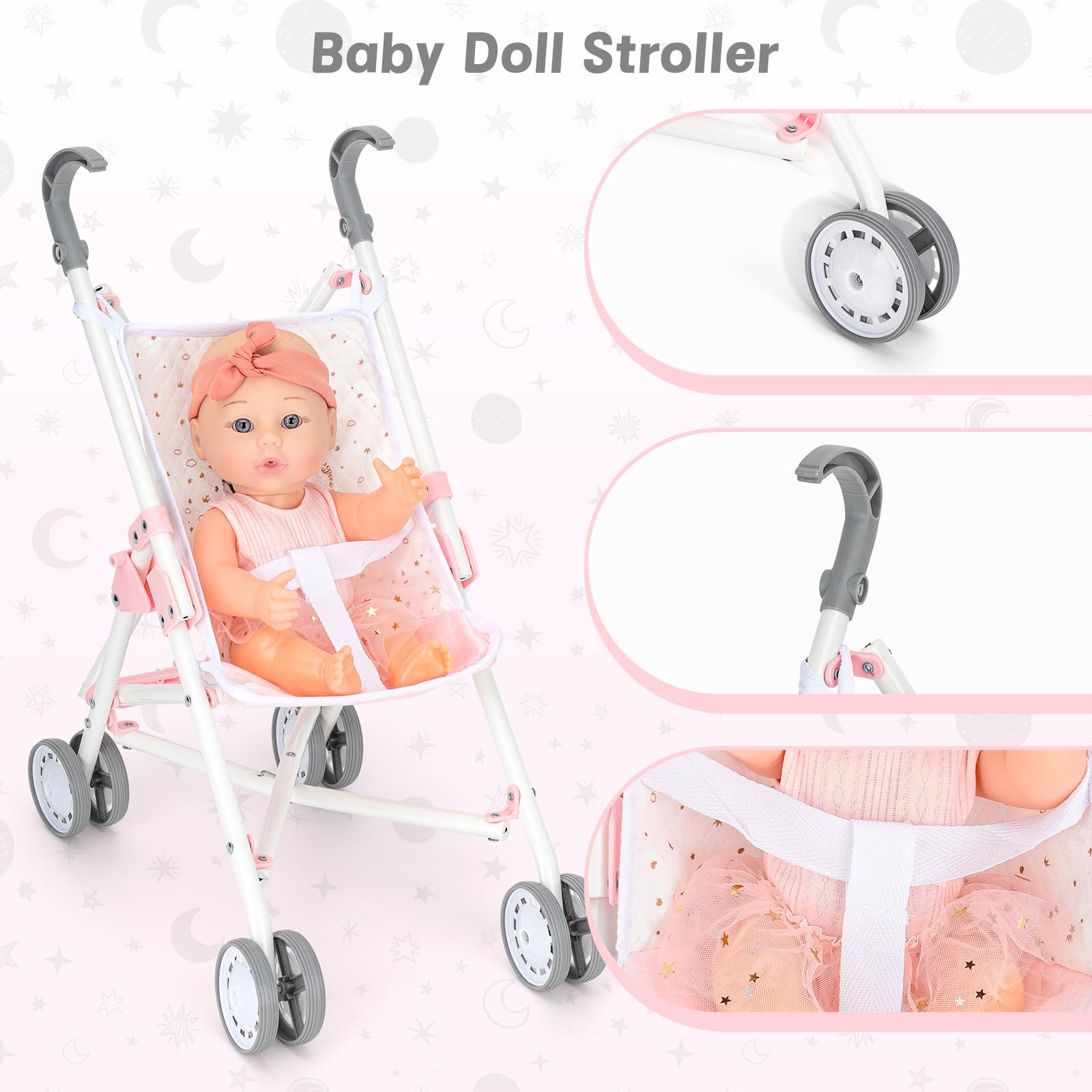 deAO 20 PCS Juego de Muñecas y Accesorios, Regalo para Niñas de 3 Años | Cochecitos, Cuna, Bolsos, 30CM Muñeca de Bebe, Arco de Juegos, Hamaca y Accesorios, Set de Juego con Muñecas de Rol Realista