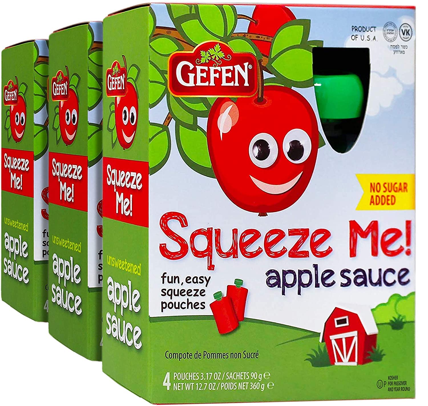 Gefen Apple Sauce Squeeze Pouches, Unsweetened Apple Puree Fruit Snack for Kids, Natural, No Added Sugar, 4 x 90g (Pack of 3)