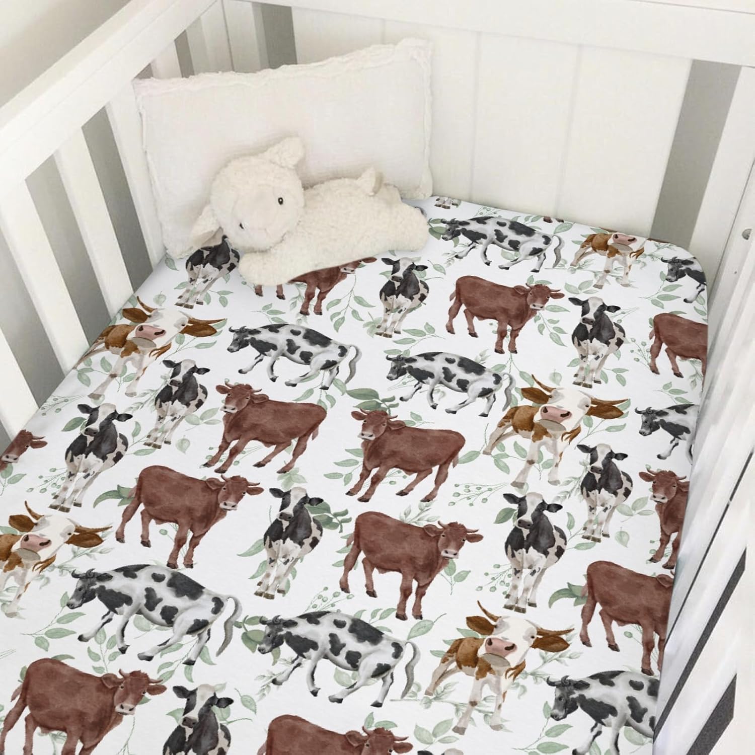 Watercolor Cows Green Leaves Baby Crib Sheets 52''x28'' Farm Cows Cattle Yak Fitted Crib Mattress Cover Sheets for Boy Girl Nursery Toddler Bed Sheets for Standard Crib and Toddler Mattresses