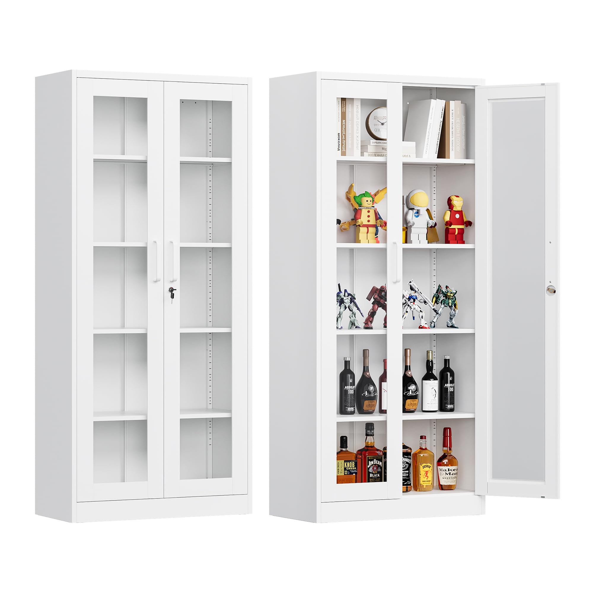 Anxxsu Glass Display Cabinet With Doors, 71" Curio Case for Collectibles, 4 Adjustable Shelves for Home Living Room (White)