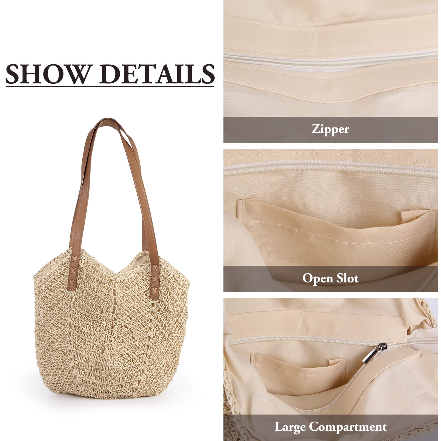 Sac à Bandoulière en Paille Tissage à la Main pour Femme - Fourre-tout Bohème d'Été pour Plage