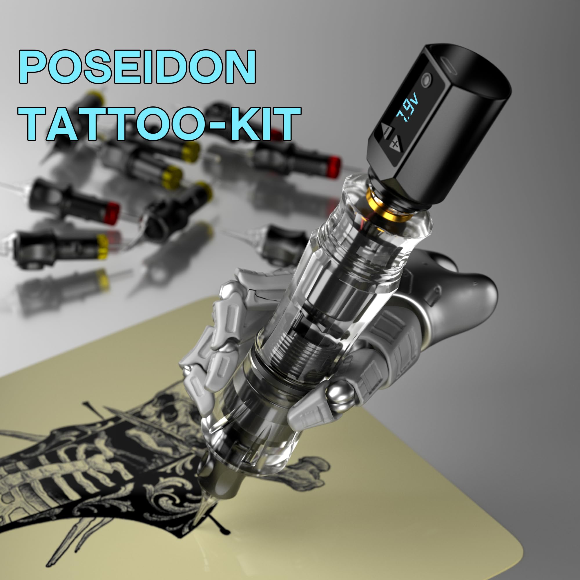 POSEIDON Akku-Rotary Tattoo Machine Kit mit 20 Tattoo-Kartuschennadeln, Tintenset & 2 Akkus | Professionelles Tattoo-Gerät für Anfänger | Komplettes Starter-Set
