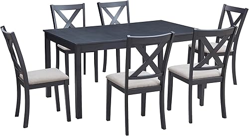 Miniatura 8 de AMERLIFE Juego de mesa de comedor de granja de 7 piezas con 6 sillas tapizadas, juego de mesa de comedor y sillas de 60 pulgadas que ahorran espacio