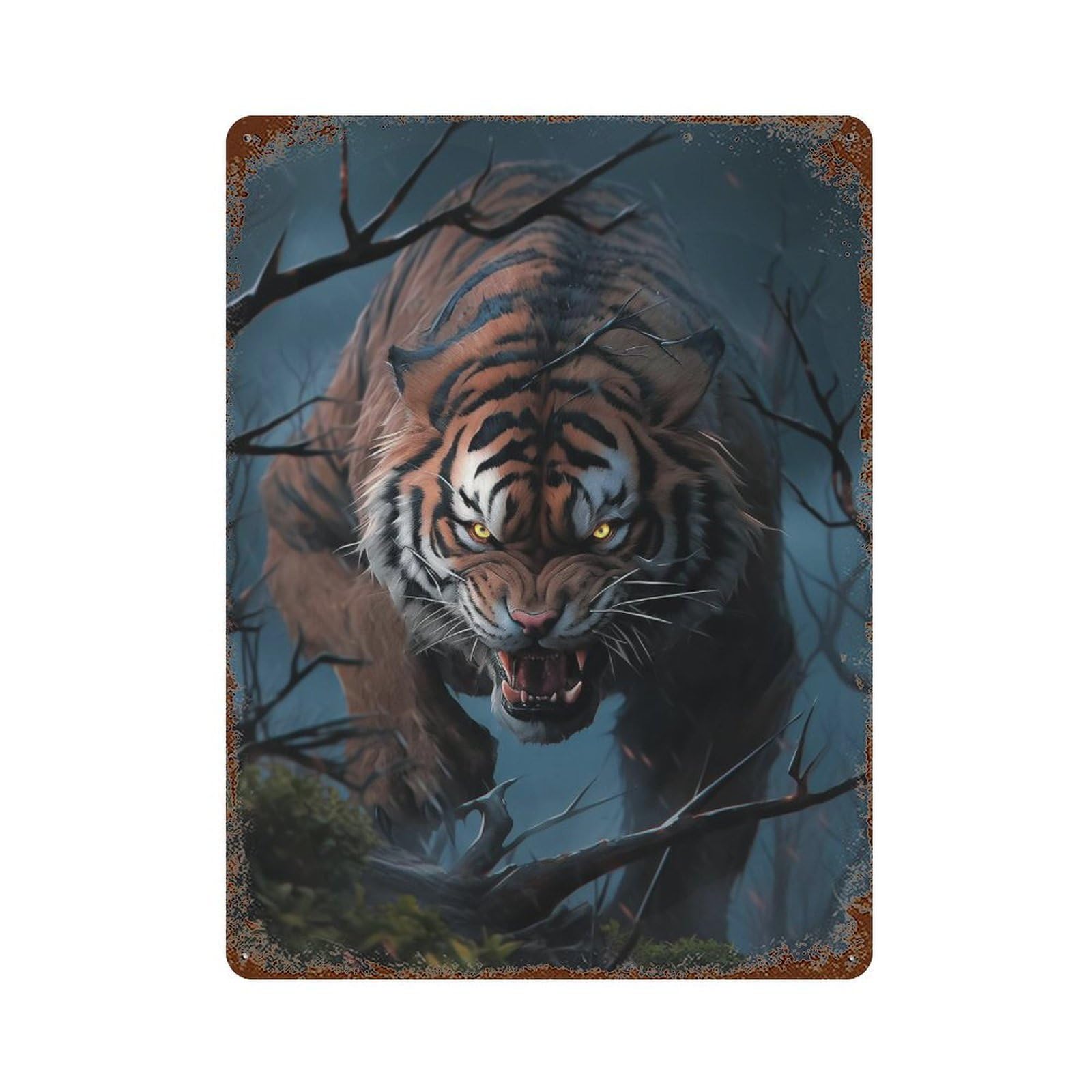 Distressed Metal Wall Sign Tiger Roaring in Forest 15.7"x11.8", Old School Wall Decor for Bistro, Counter And Cafe Decor