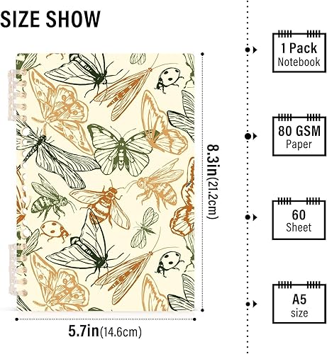 Miniatura 2 de Flying Insects - Cuaderno de espiral desmontable, 5.7 x 8.25 pulgadas, 60 hojas120 páginas, papel rayado universitario A5, cuaderno de tapa dura