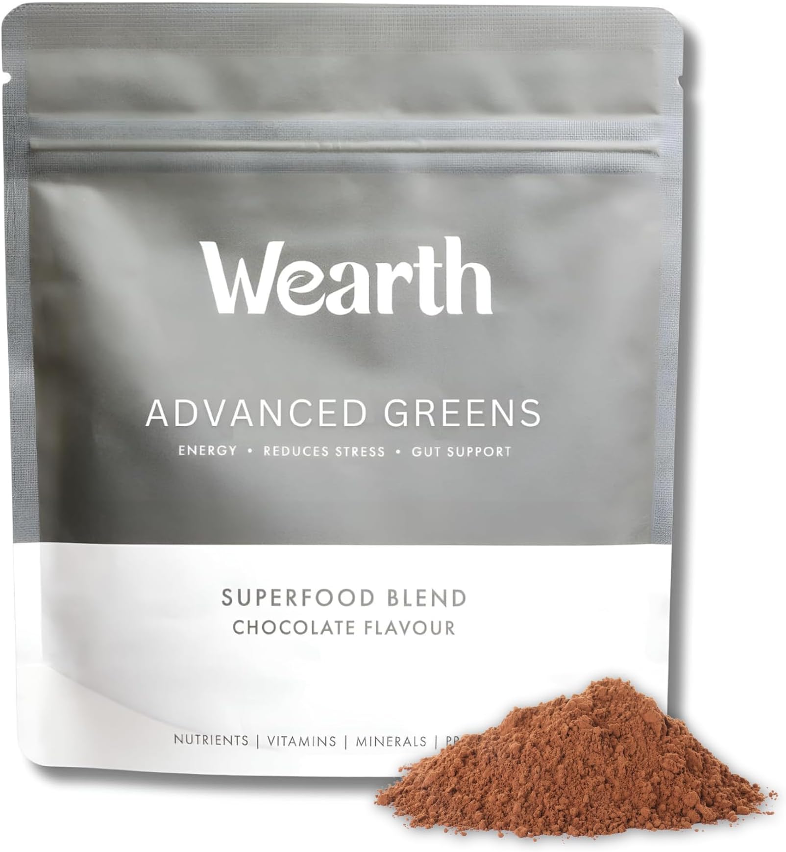 Wearth Advanced Greens Powder | Superfood Vitamin & Mineral Blend Including KSM-66 Ashwagandha | Essential Nutrients for Energy, Gut Health & Stress | 30 Servings (Chocolate Flavour)