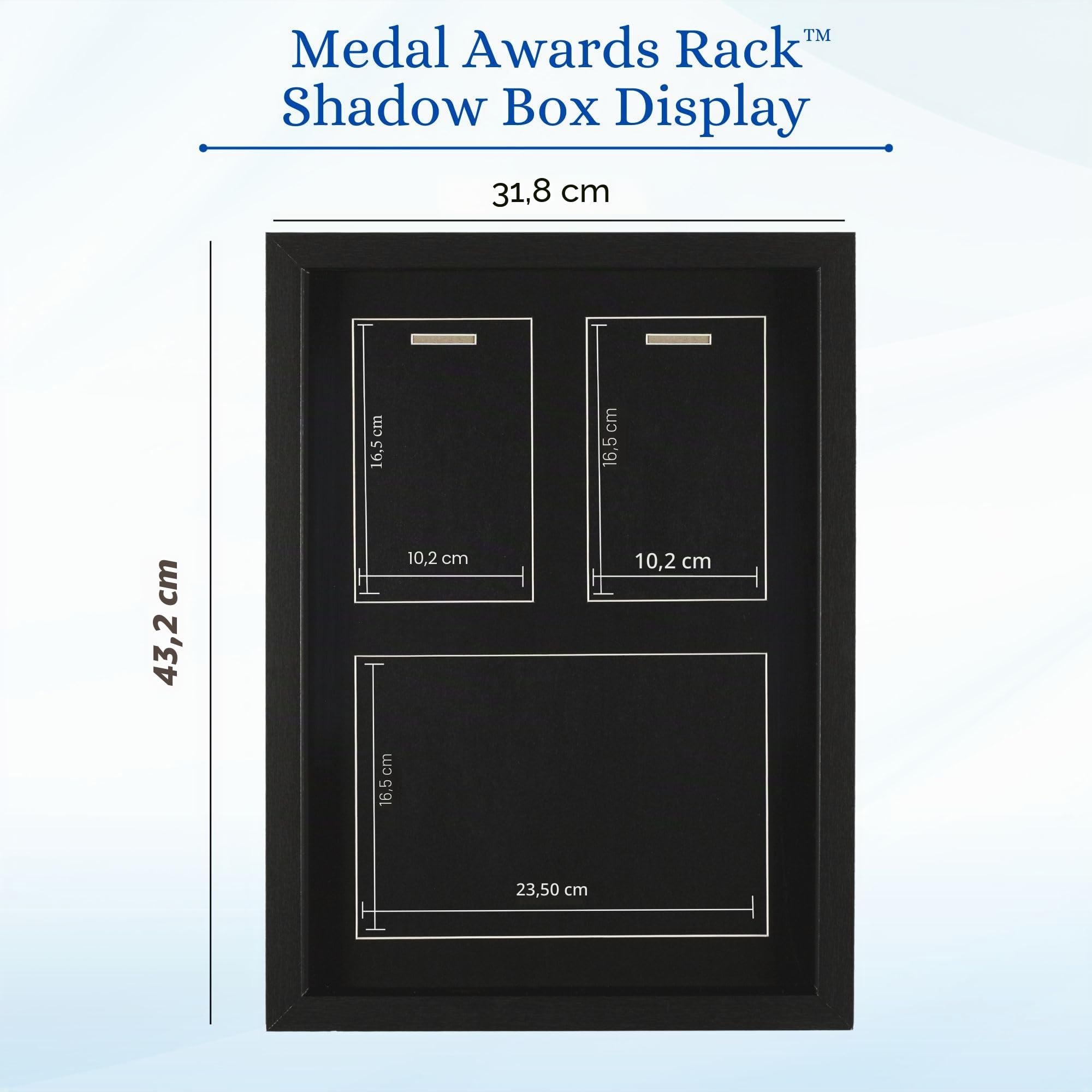MedalAwardsRack 3-in-1-Schattenbox-Schaukasten, Medaille, Renn-Startnummer und Fotokasten, Halterung und Rahmen für Marathon-/Triathlon-/Lauf-Startnummern, Wandmontage, gehärtetes Glas, schwarz