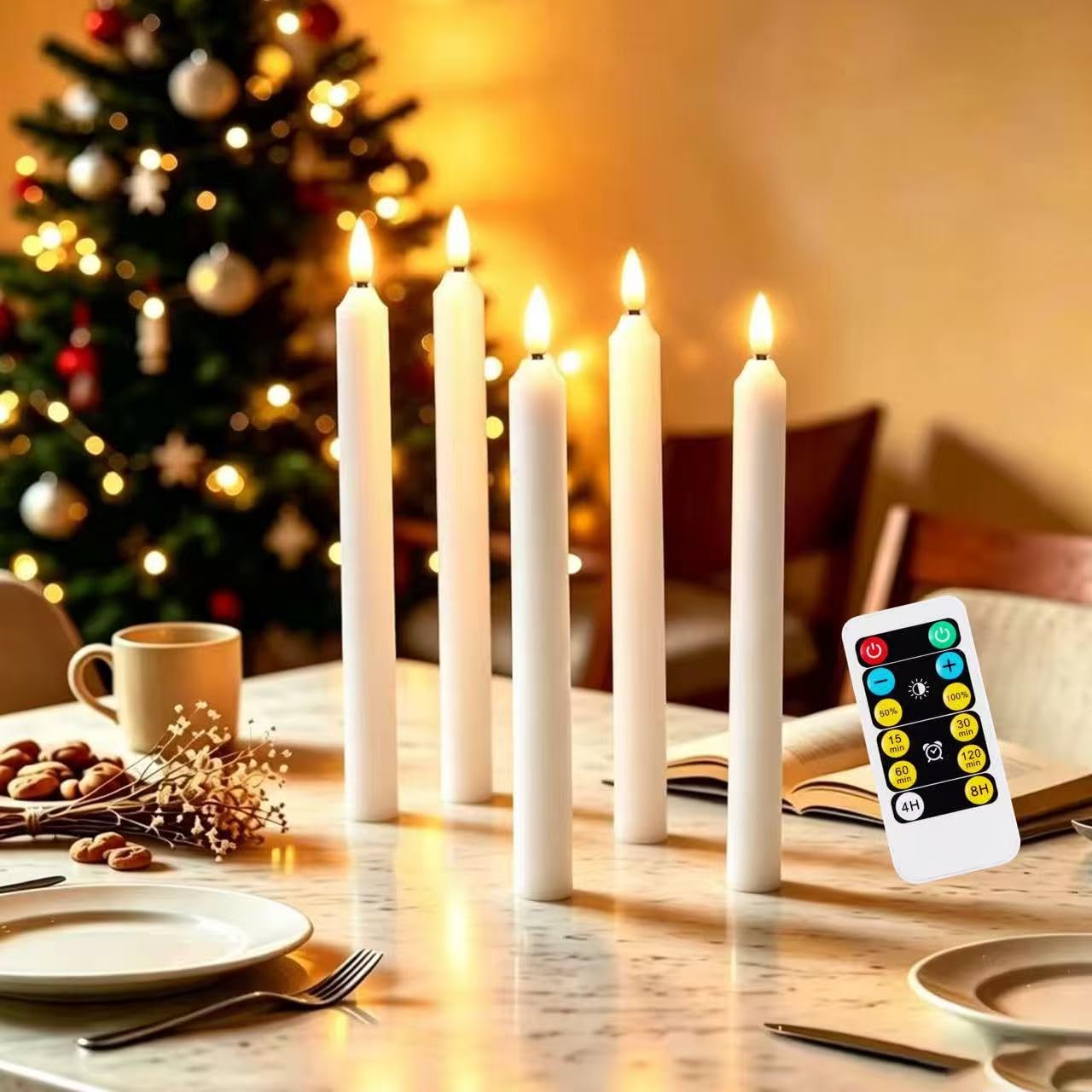 yucanucax 5pack H9 Flameless LED Taper Candles Flickering with Remote Control, max2500 Hours by 2AA Battery(not indlide),for Hallway, Room...…