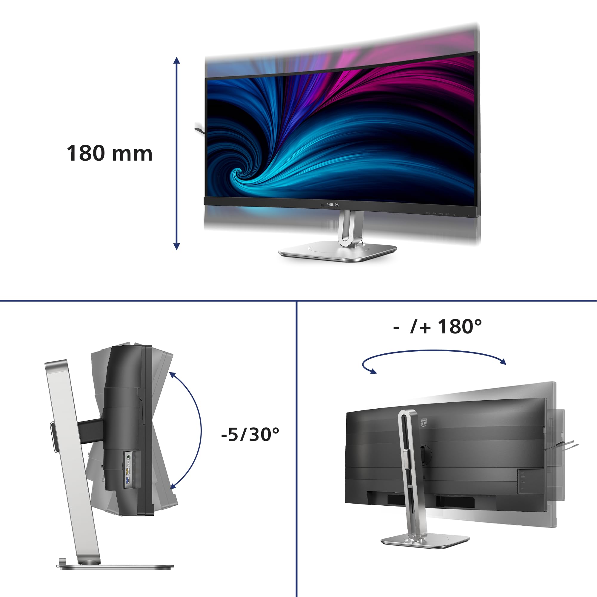 PHILIPS Monitor 34B2U5900C 34 pollici Curvo 5120x2160@120Hz; 2560x1080@240Hz, dual mode, VA Panel, 4ms GtG, USB Hub Speakers, Height Adjustment, (HDMI2x 2.1 DP 1x 1.4), HDR400, Grigio Scuro