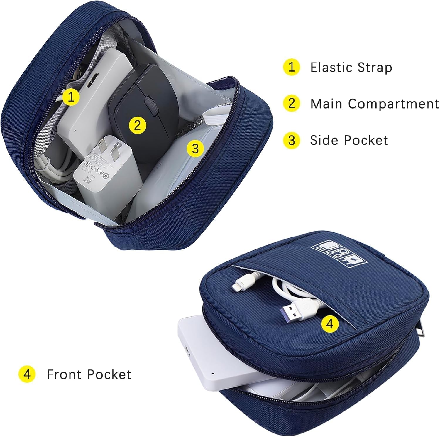 Small Cable Organizer Bag, Travel Electronics Pouch for Chargers, Cables, Power Banks, USB Accessories (Navy)