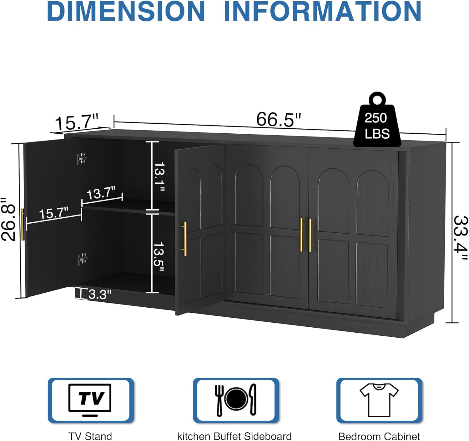 67" Sideboard Buffet Cabinet with Storage, Mid Century Modern Accent Cabinet with Arched Doors,Wood Media TV Console Table Credenza for Living Room Dining Room Hallway Entryway(Black)