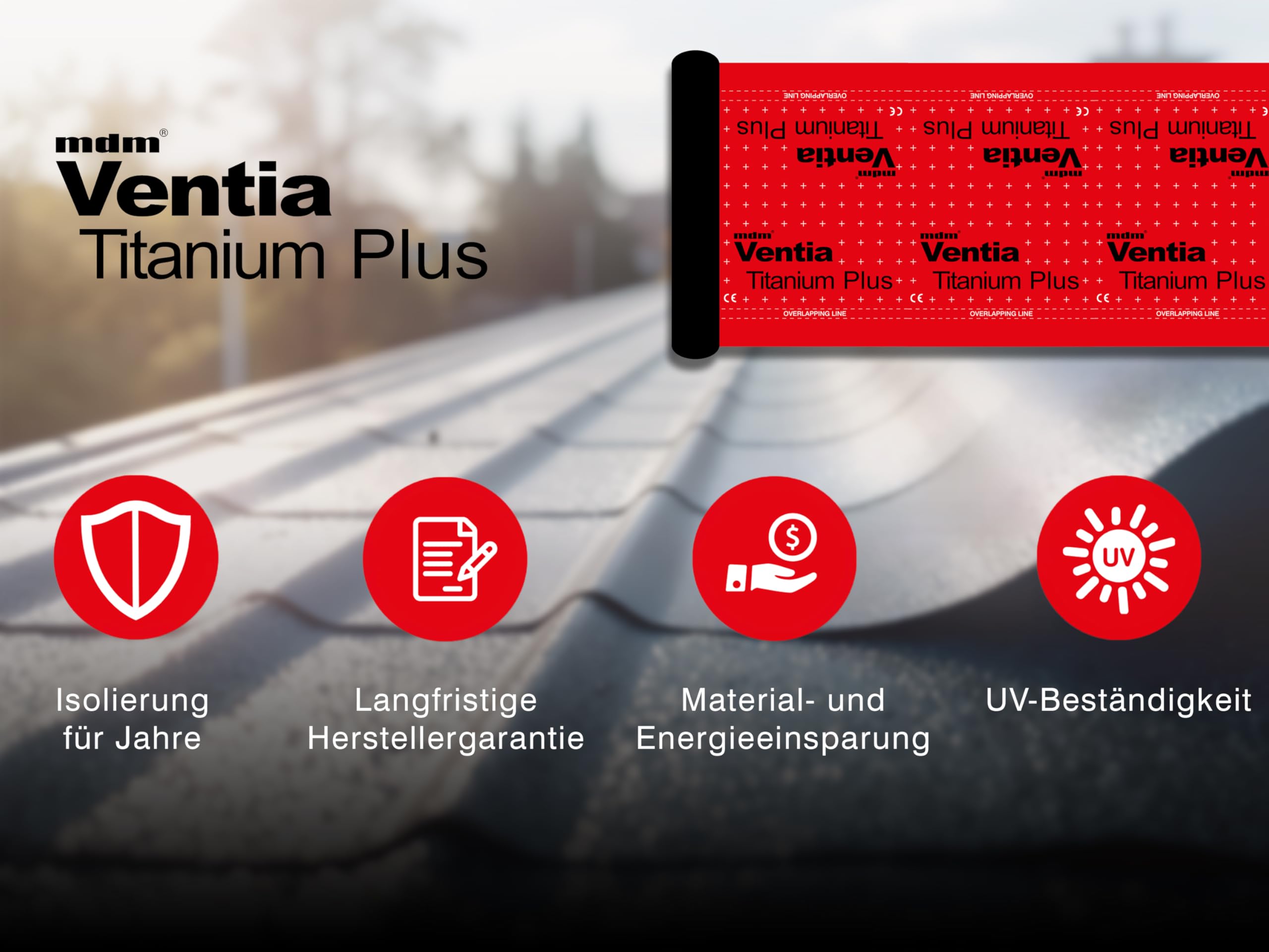 Unterspannbahn Ventia Titanium Plus 190 g, Dachfolie 37,5 m², 3-lagige Unterdeckbahn gegen Feuchtigkeit, Wind & Staub, Diffusionsoffen, Wasserdicht & UV-beständig, mit 2 Selbstklebekanten