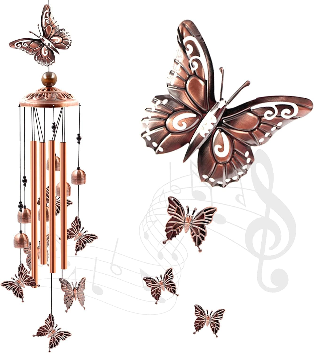 KASTWAVE Butterfly Wind Chimes, Wind Chimes for Outside with 4 Aluminum Tubes and 6 Bells, Butterflies Aluminum Tube Windchime with S Hook, Patio Garden Decor, Porch, Yard, Housewarming Gift