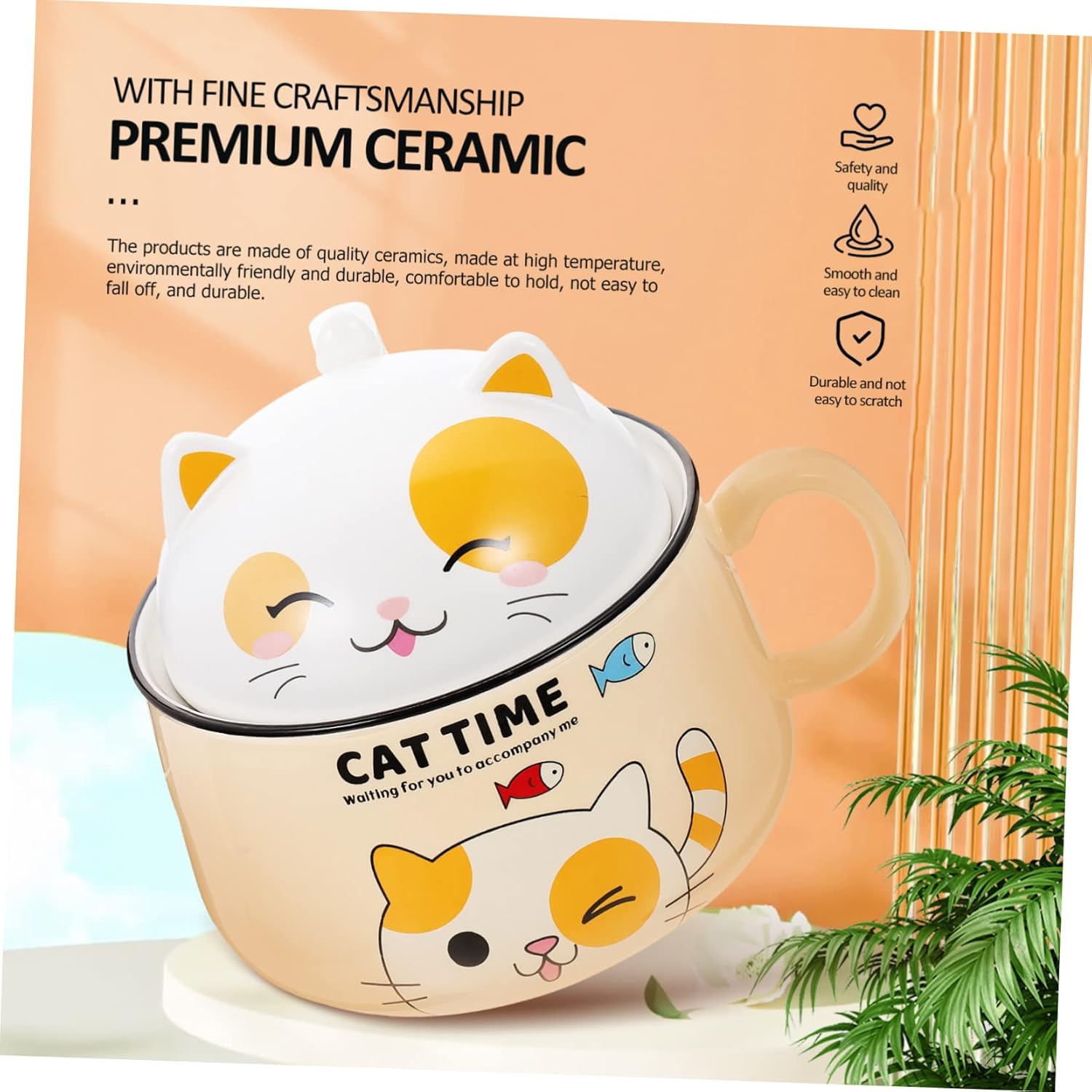 Ciieeo Decorative Cartoon Ceramic Bowl for Instant Noodles Cat-themed Multi-purpose Soup Bowl Easy to Clean and Store for Kitchen Decor and Everyday Use