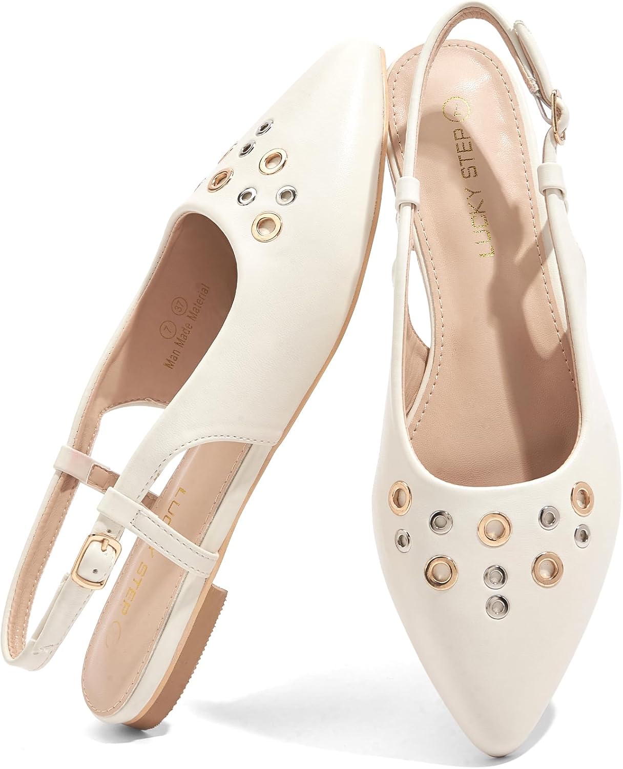 LUCKY STEP Women's Slingback Flats Studded Pointed Toe Slip On Adjustable Buckle Strap Low Heel Sandals Wedding Low Heel Dress Ballet Party Shoes