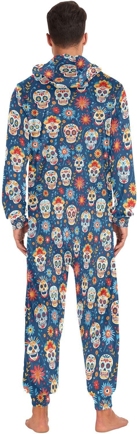 ALAZA Mexican Day Of The Dead Sugar Skull Blossom Adult Onesie Unisex Pajamas One-Piece Costume Hooded Jumpsuit Sleepwear for Men Women XS Multicolor