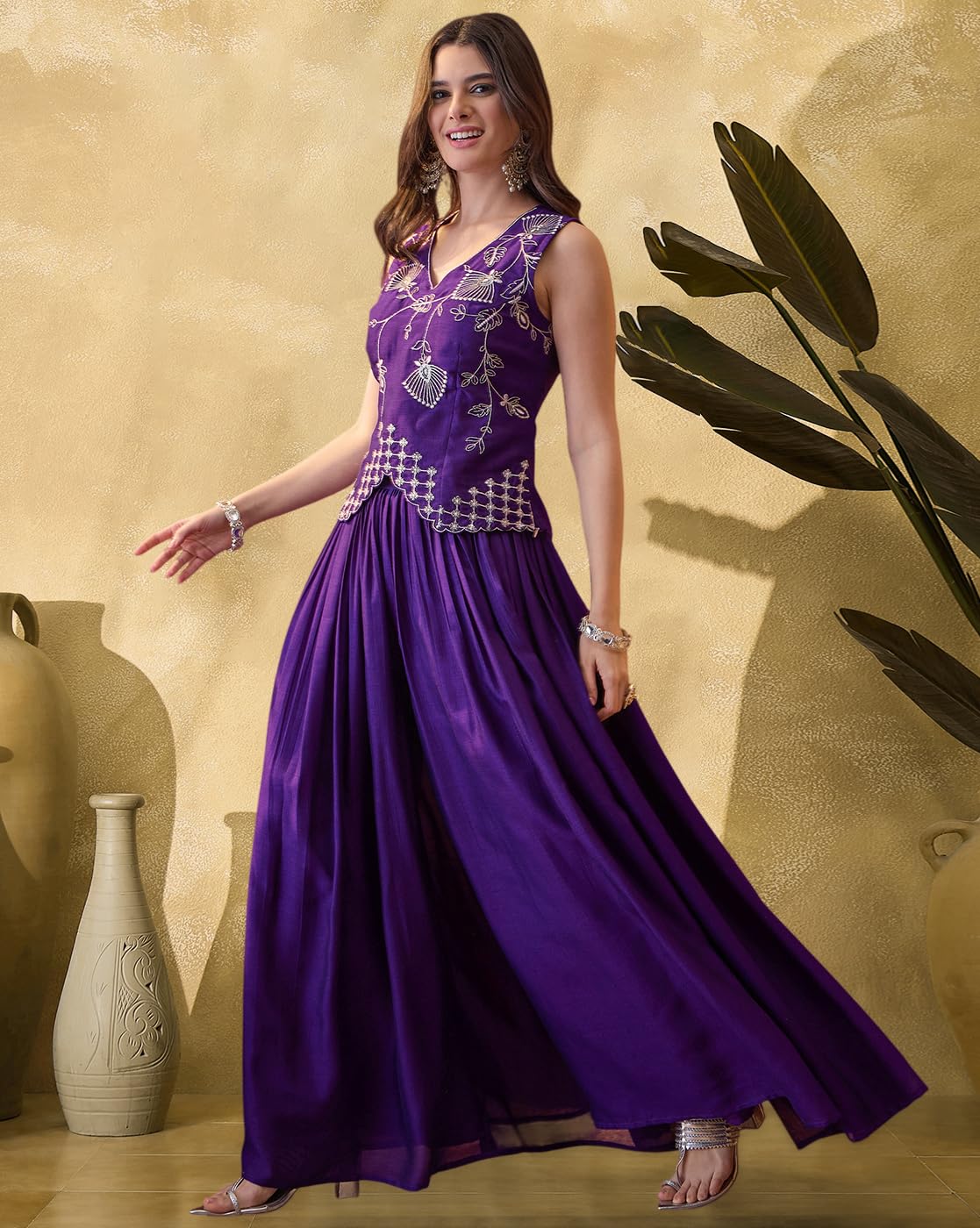 SheWill Purple Vichitra Zari Sequence Thread Embroidered Top With Palazzo Set for Women | Stylish Ethnic Co-Ord Outfit (SHEKP10359_VANI_B) 4