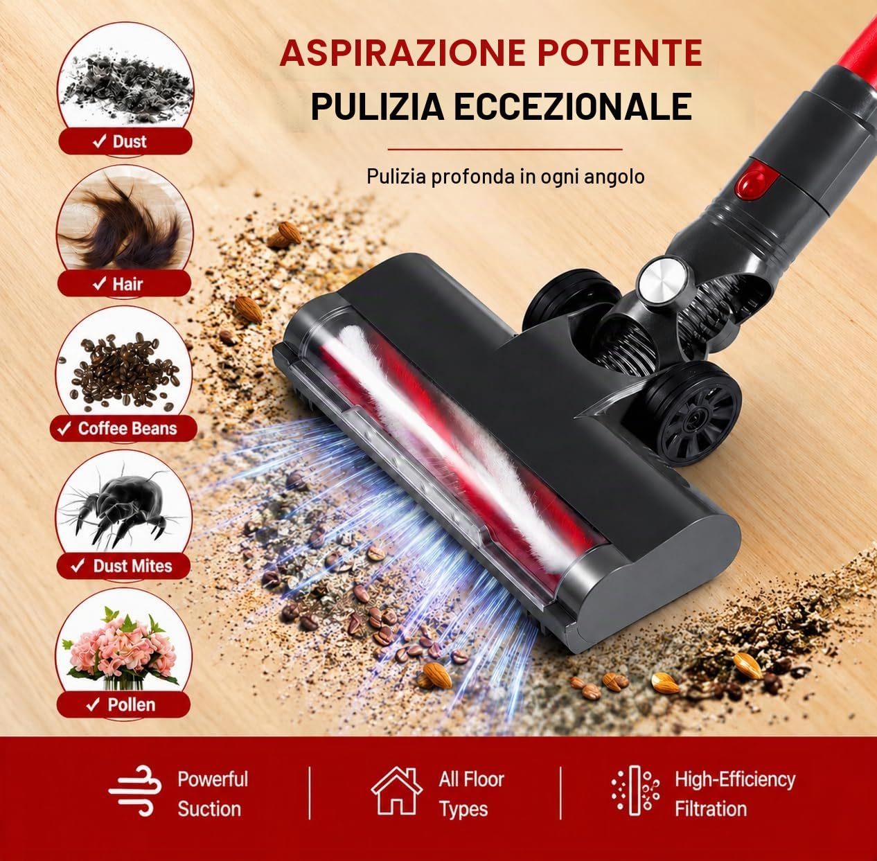 Aspirapolvere Senza Fili Estensibile 4-in-1 Scopa Elettrica Senza Filo LED/Filtro HEPA/2 Velocità /49Mins Autonomia,Aspirapolvere Anti-groviglio,Ultraleggero,per Tappeti,Pavimenti,Peli animali(Rosso)