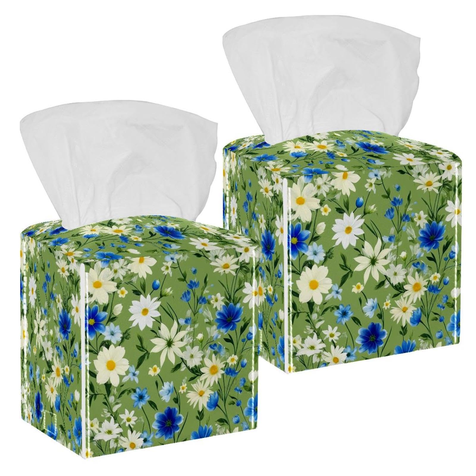 Aesthetic Flowers Tissue Box Cover, 2 Pack PU Leather Square Facial Tissue Dispenser Box holder for Home Office Car