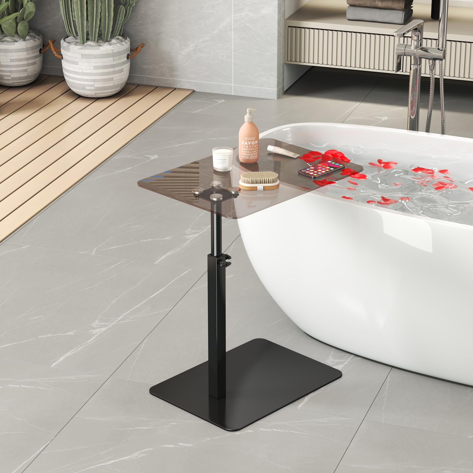 Mesa auxiliar de cristal en forma C, altura ajustable, base de metal, mesa auxiliar para sofá/cama, mesa giratoria de 360°, mesa auxiliar móvil para salón, color negro y transparente. (negro)