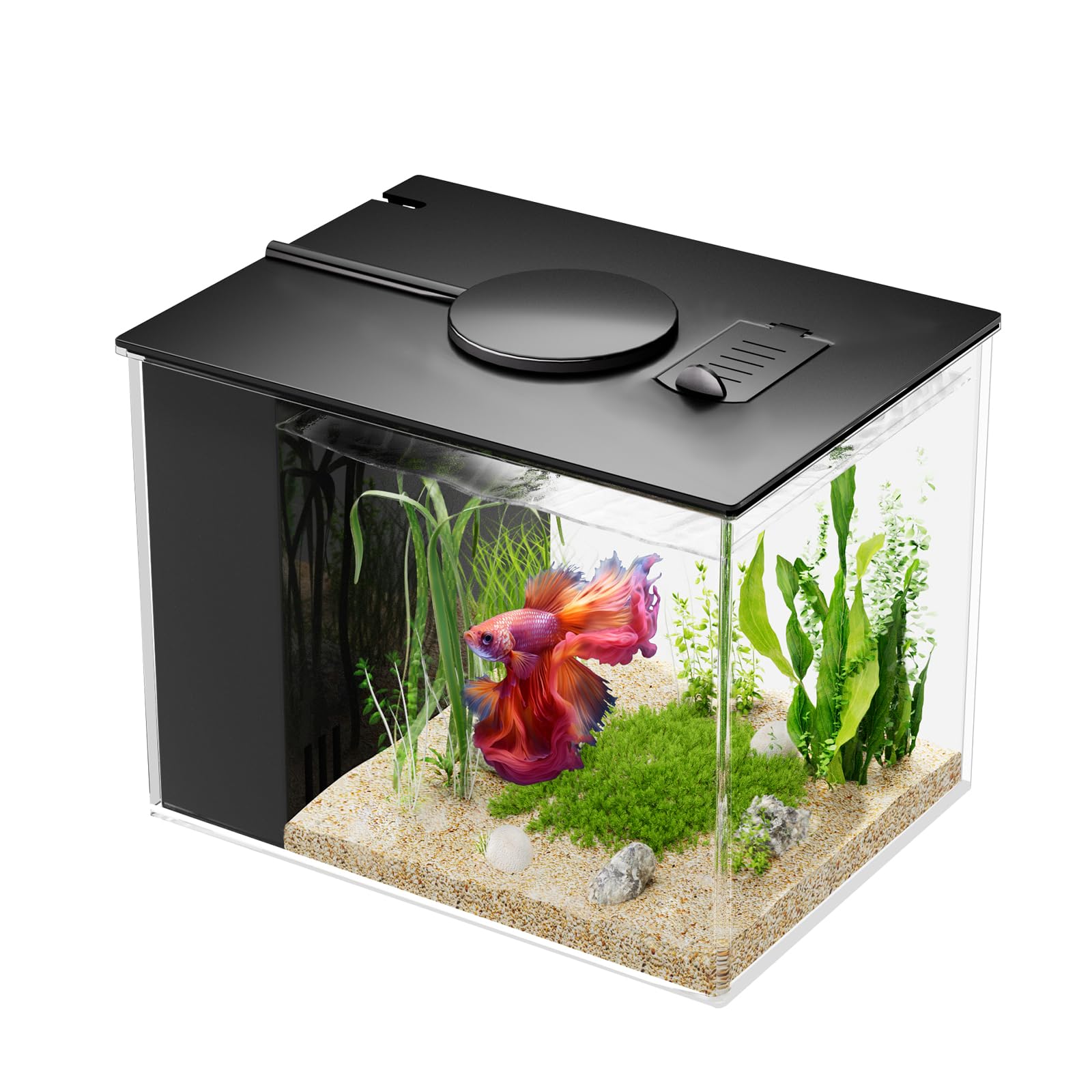 3,7L Kleines Betta Aquarium Komplettset, Mini Aquarium aus Acryl mit Filterpumpe, LED-Beleuchtung, ideal für kleine Fische, Garnelen und Pflanzen (Schwarz)