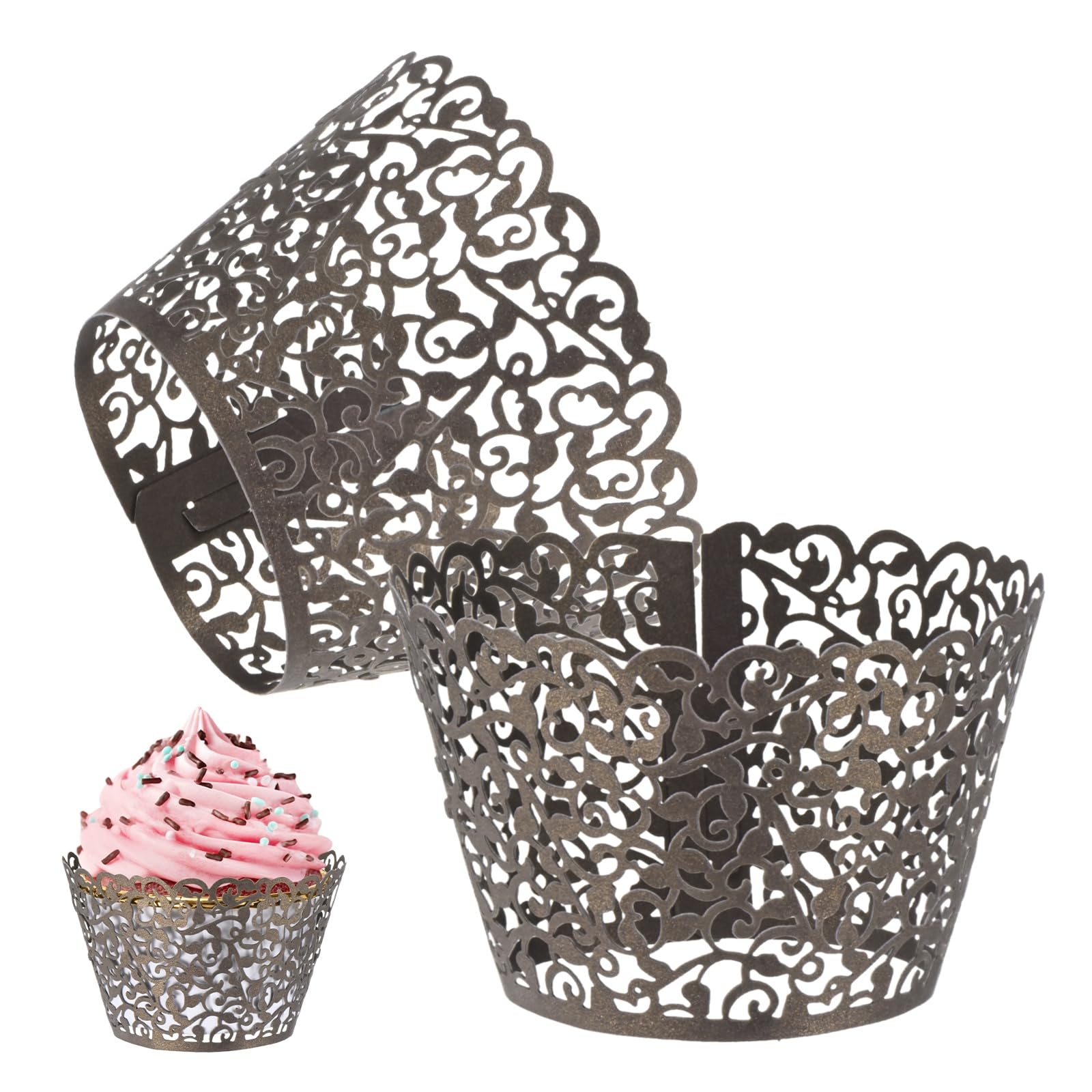 M METERXITY 50-Pack Cupcake Wrappers, Vine Decoration Standard Baking Cups for Wedding/Birthday Party/Bakeries/Cafes Cake Decoration, Bake Cake Paper[Brown]