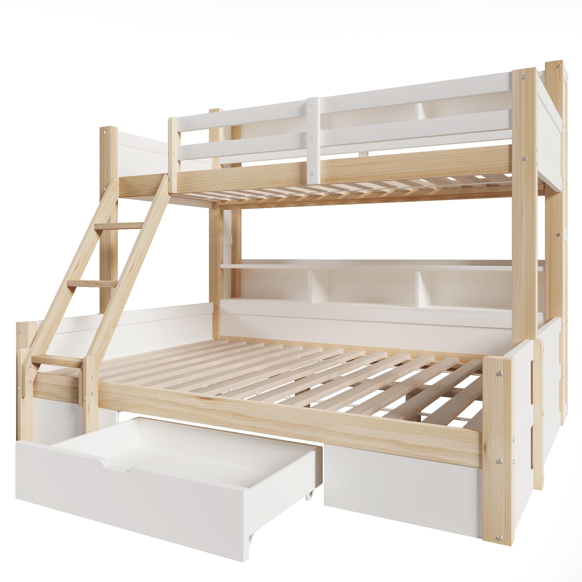 Litera, 90 x 200 cm+140 x 200 cm, escalera, barandilla, varios armarios abiertos, posición de escalera opcional, 1 cajón, barra de luz LED, sin colchón (blanco + natural)